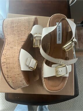 Steve Madden Cream Platform Cork Sandals with Gold Buckles